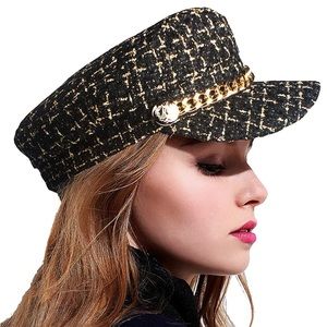 Marcus Adler New York Tweed Plaid Beret with Chain